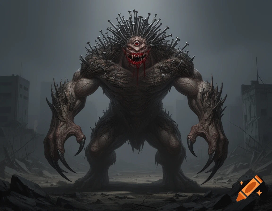 A monstrous creature with a single red eye, bloody fangs, sharp claws, and nails protruding from its head and shoulders, standing in a ruined city.