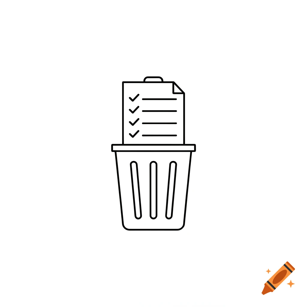 A black outline pictogram of a trash can with a checklist document inside, set against a white background.