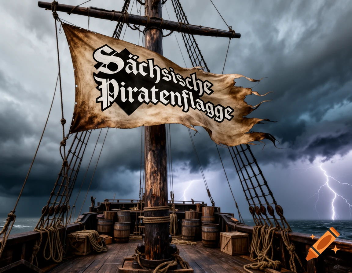 A photorealistic view from a pirate ship's deck under a stormy sky with lightning, featuring a large, tattered flag with 'Sächsische Piratenflagge' written on it.