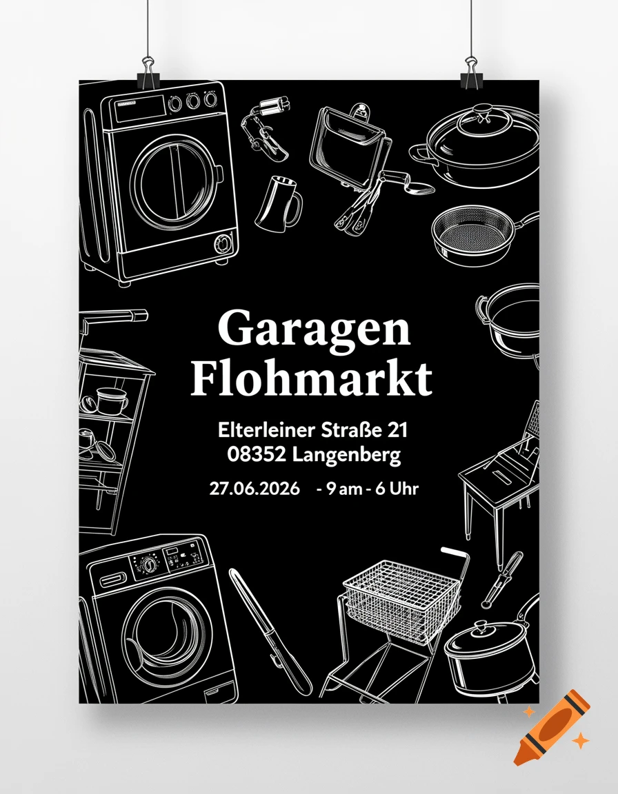 Black and white illustrated poster for a garage sale, featuring outlined household items and event details.