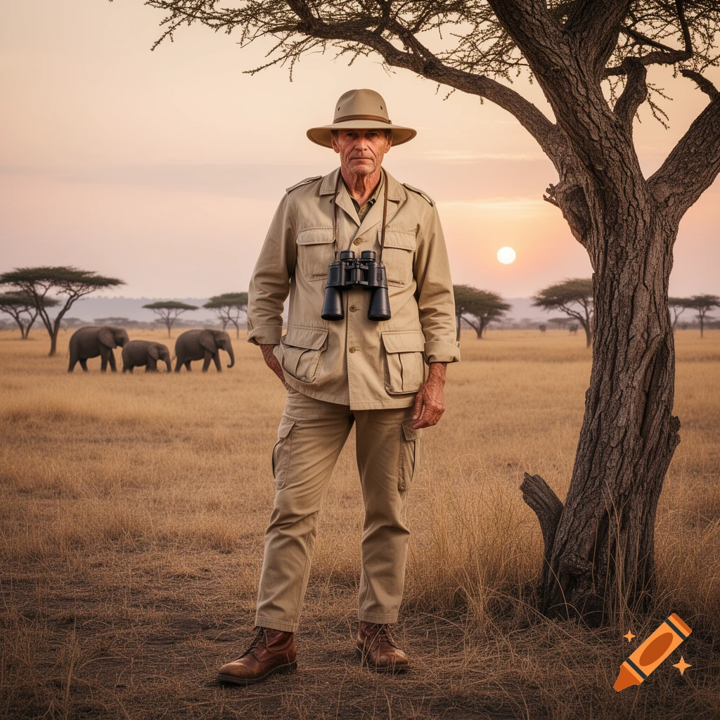 A man in safari gear with binoculars stands in a savanna at sunset, with elephants and acacia trees in the background.