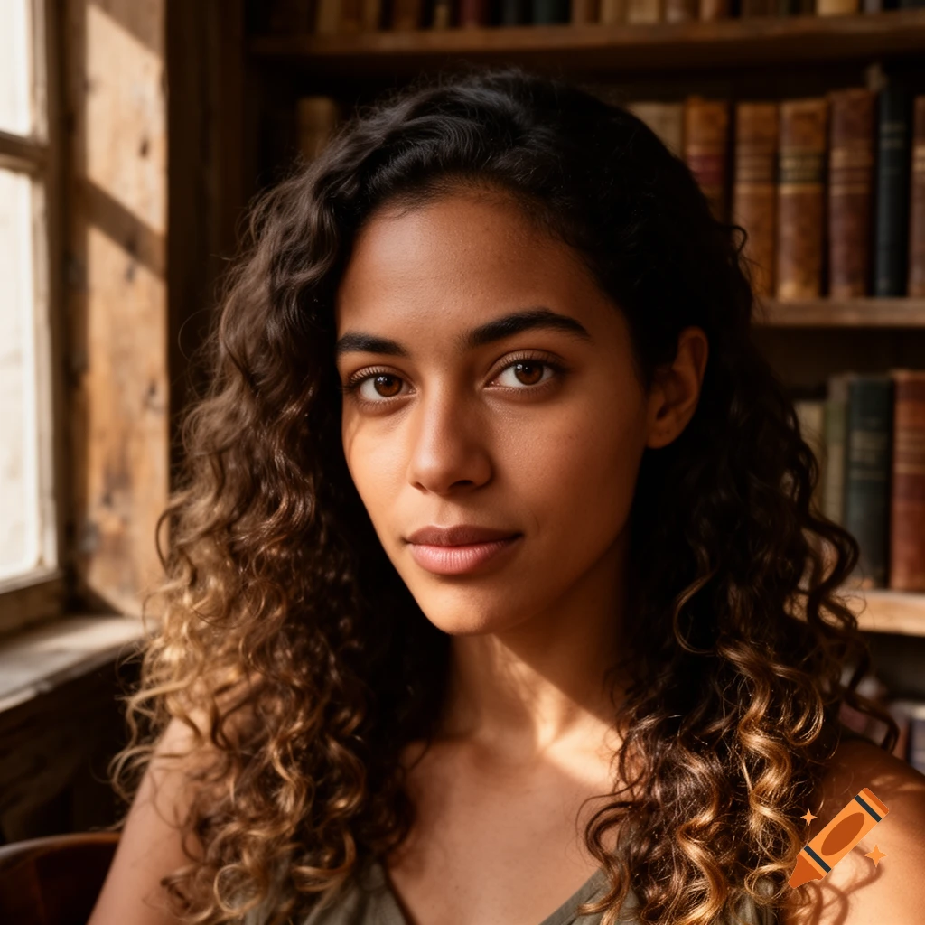 Photorealistic portrait of a young woman with dark curly hair and brown eyes, looking at camera, lit by window light, with bookshelves in background.
