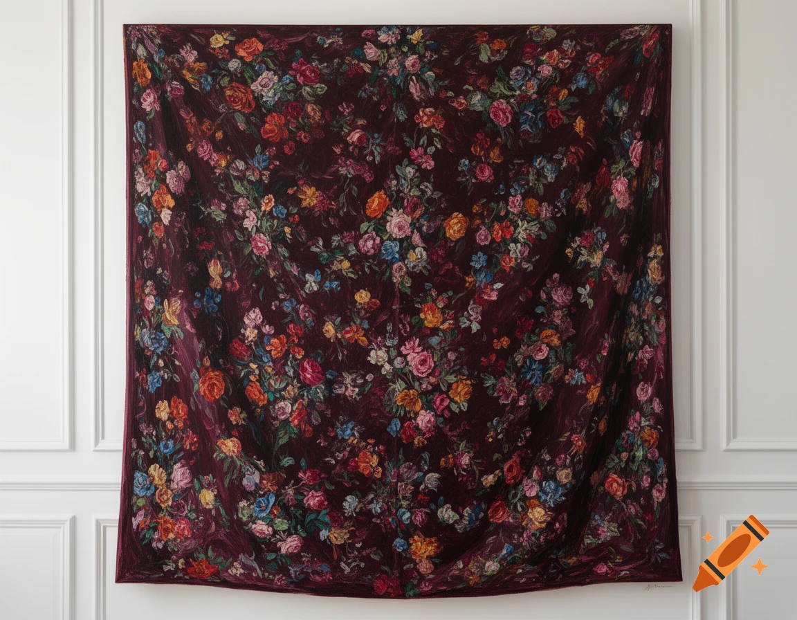 A large dark burgundy fabric with a vibrant, intricate floral pattern hangs on a white wall in a painterly style.