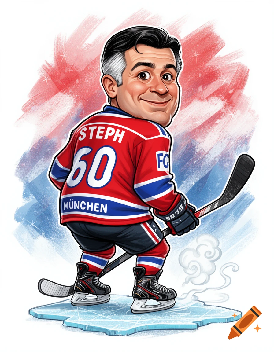Cartoon caricature of a smiling man in a red hockey jersey with 'STEPH 60 MÜNCHEN' and 'FC', holding a stick on ice.