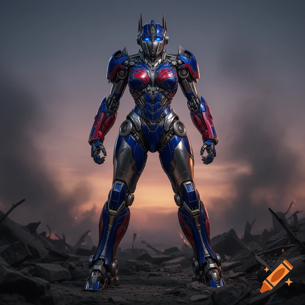 A photorealistic female Optimus Prime robot with blue and red armor stands in a war-torn, smoky landscape.