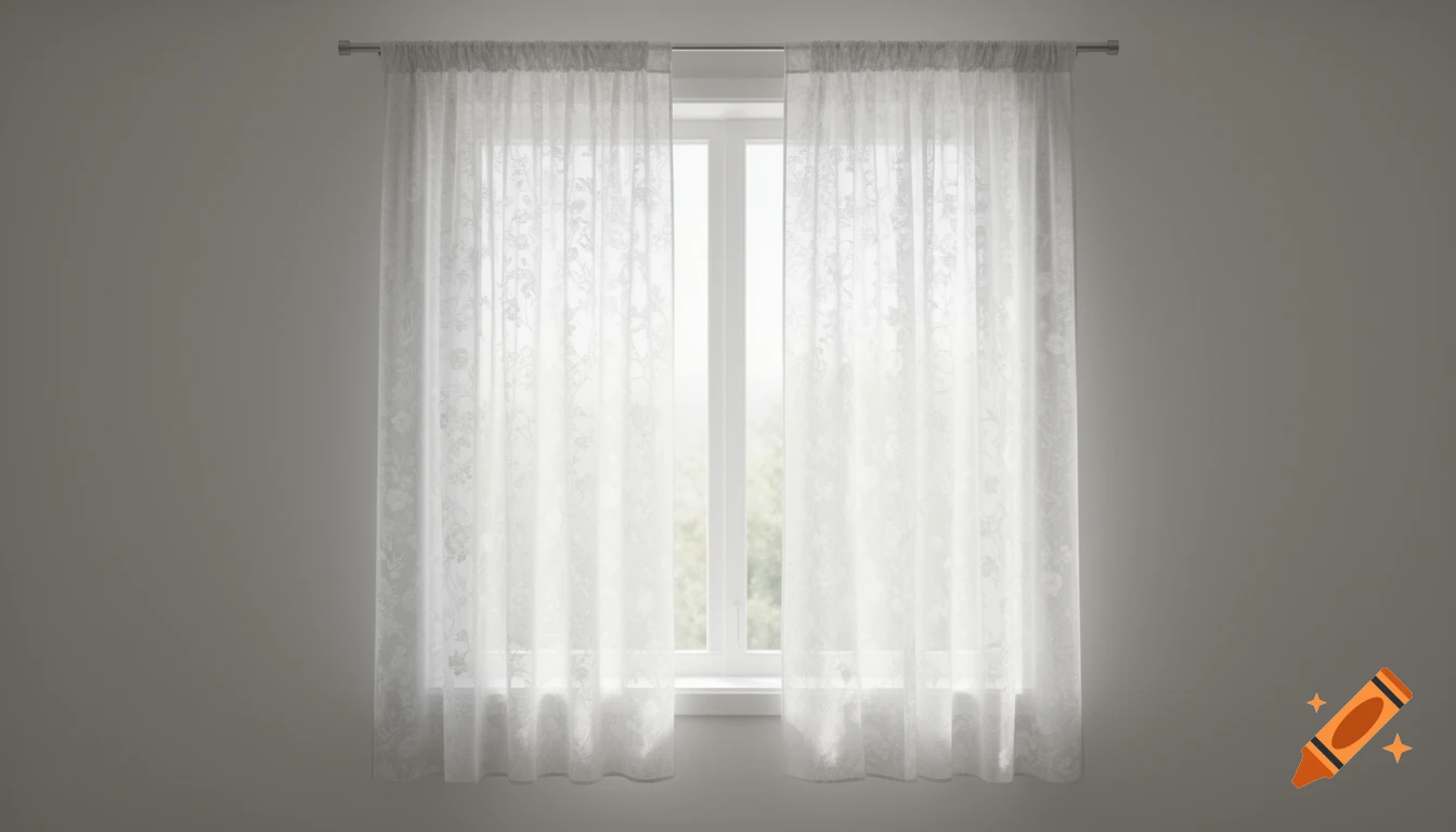A photorealistic interior view of a window with sheer white curtains featuring a subtle floral pattern, illuminated by bright daylight.