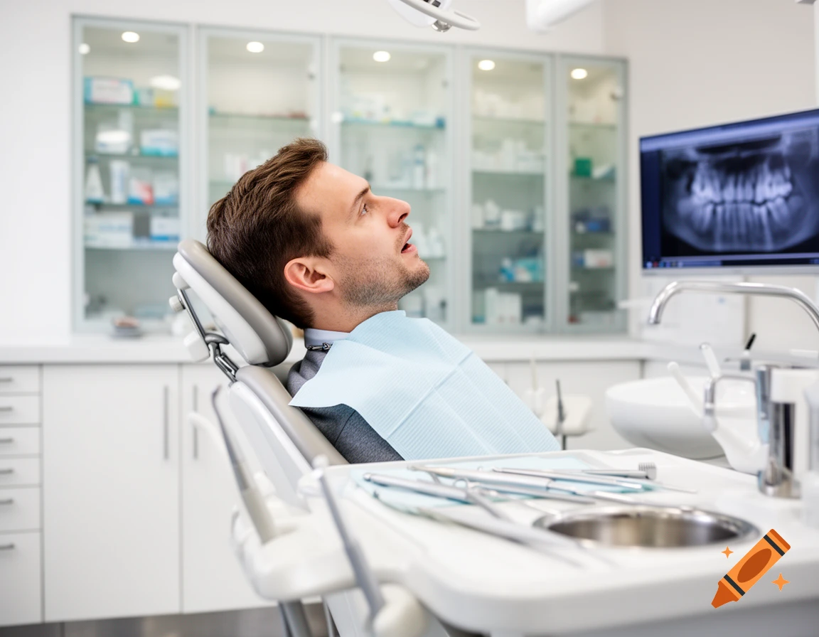 A man in a dental chair looking up, with dental tools on a tray and a dental X-ray on a monitor in the background, in a clean dentist's office.