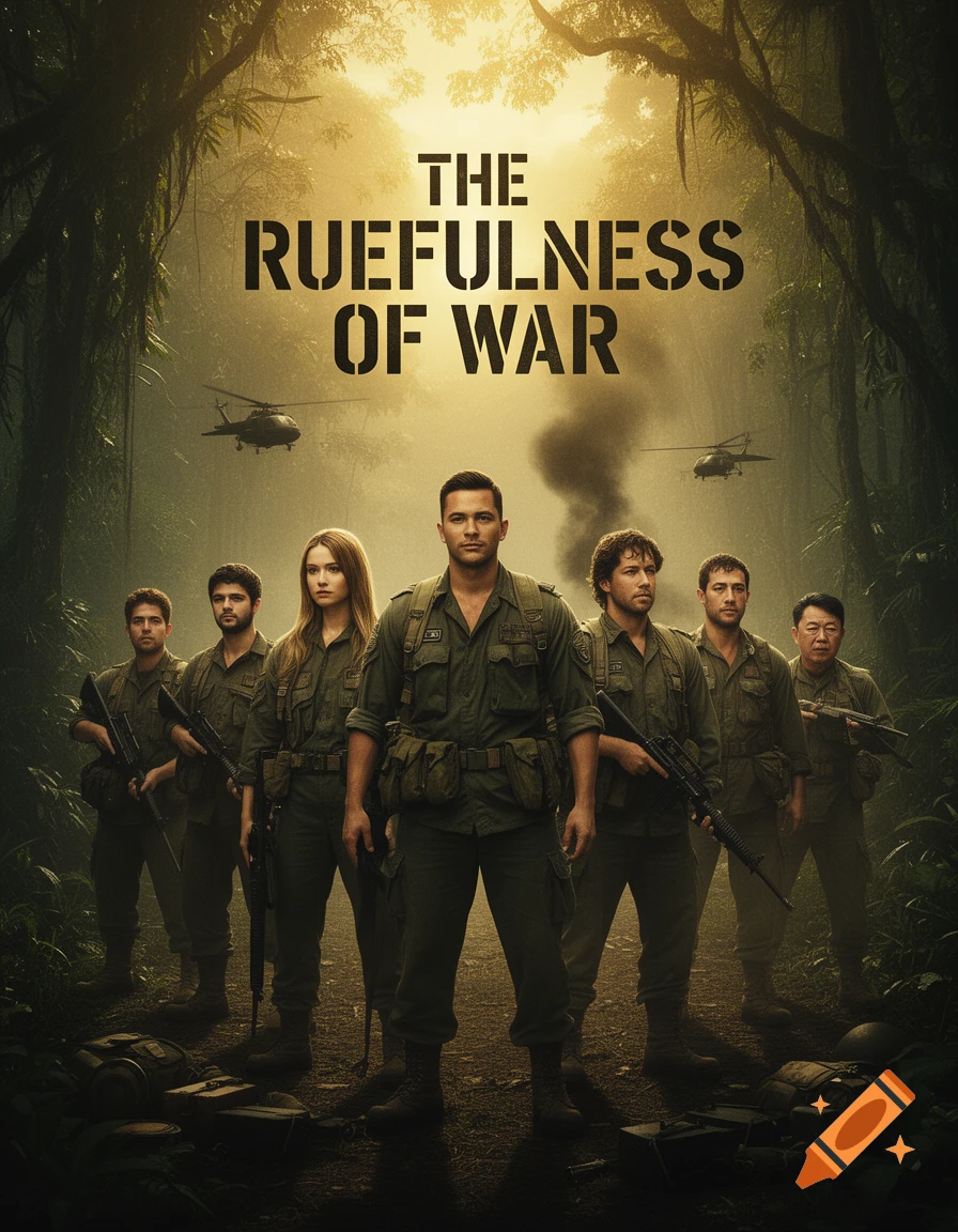 Movie poster for 'The Ruefulness of War,' featuring a diverse group of soldiers in military fatigues standing in a misty jungle with helicopters above.