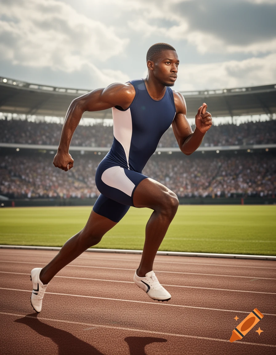 A muscular male athlete sprints on a reddish-brown track in a stadium under a cloudy sky, wearing a navy and white running suit.