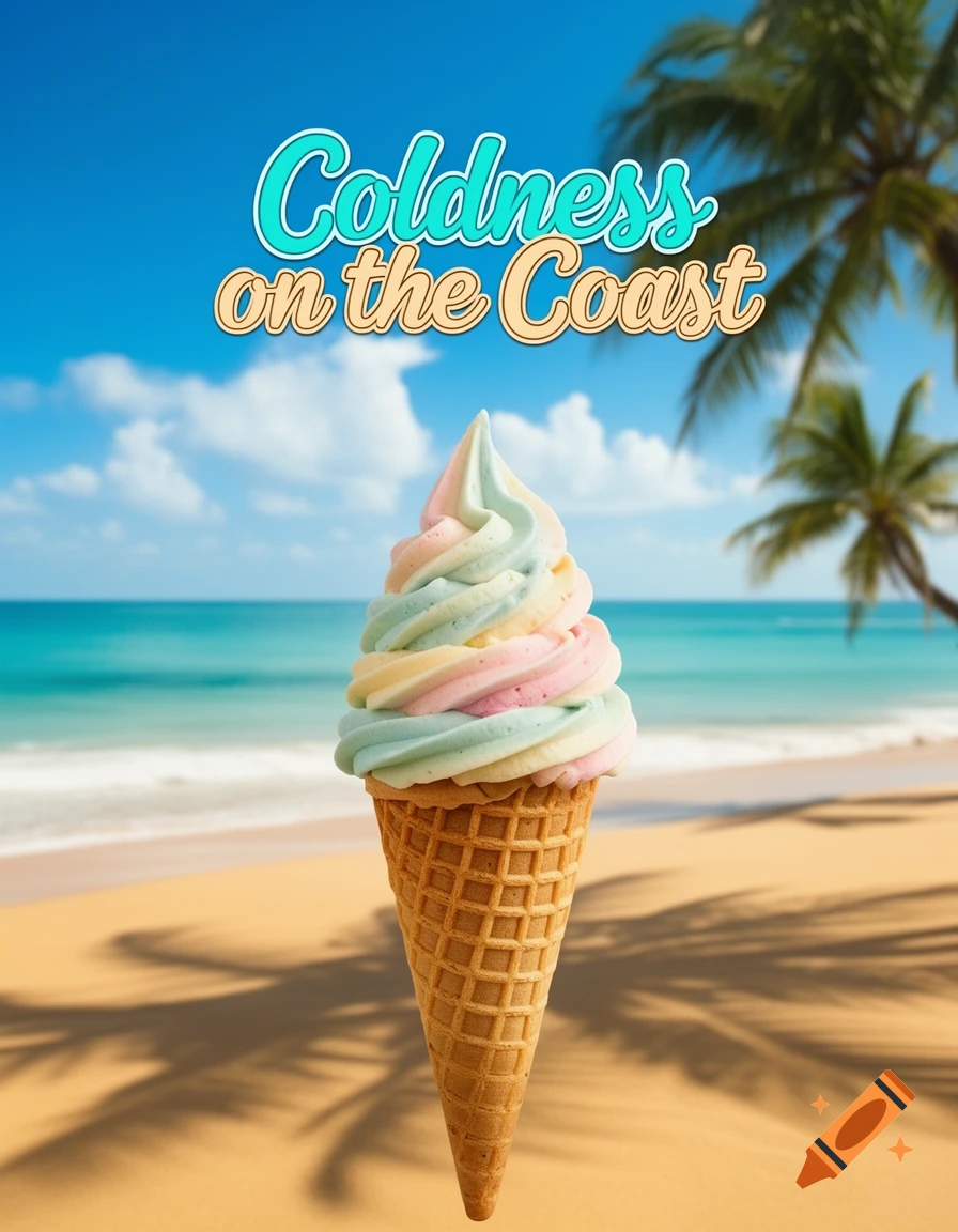 A colorful soft-serve ice cream cone on a sandy beach, with a blue sky and palm trees. Text reads "Coldness on the Coast".