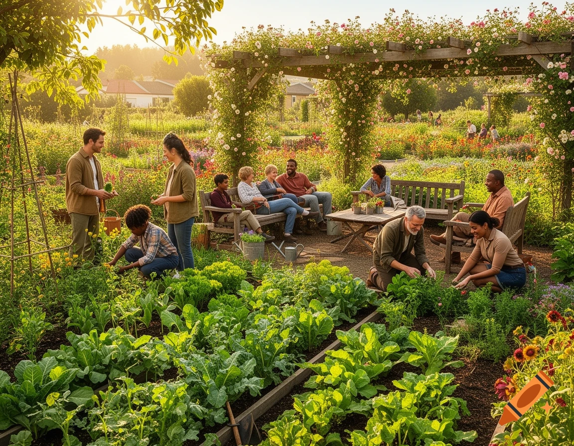 A group of people gardening and relaxing in a sunny, vibrant community garden with lush vegetable beds and flowering arbors.