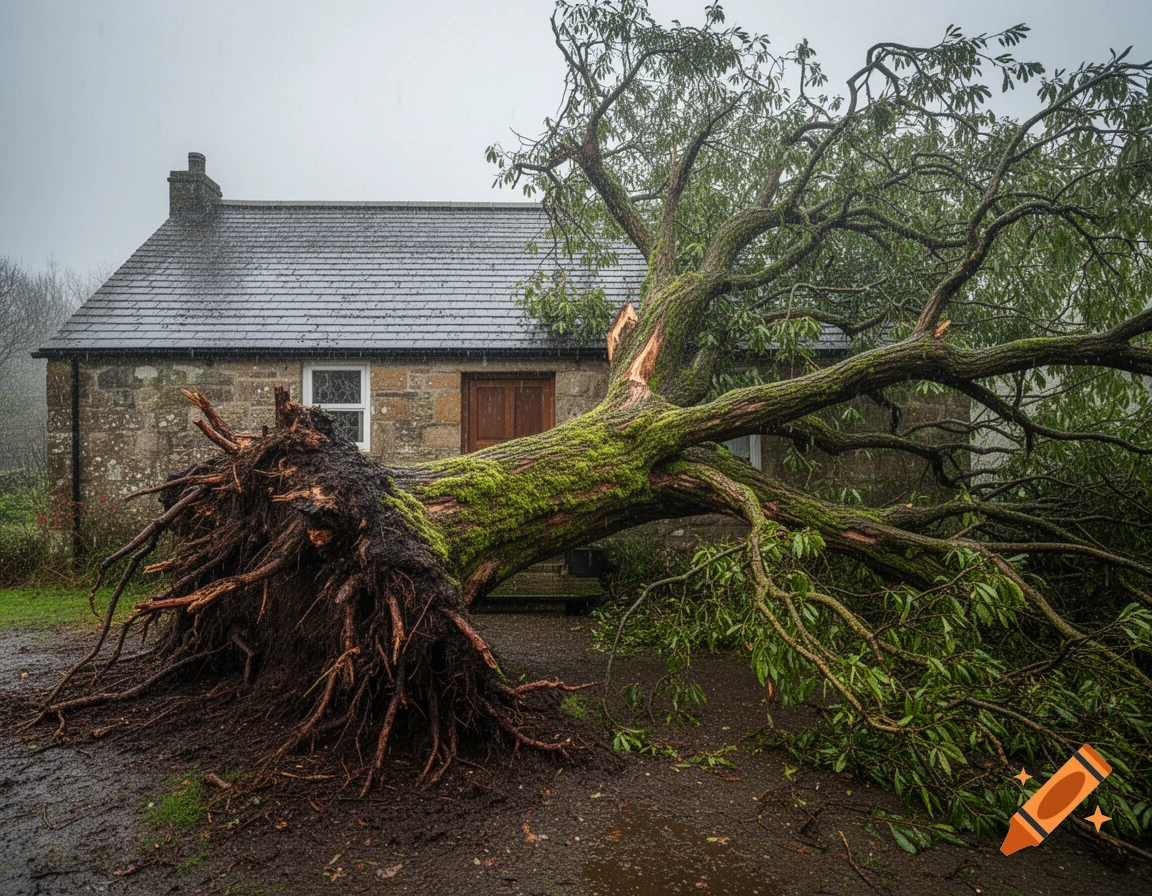 A large mossy tree with exposed roots has fallen against a stone house in the rain, blocking the front door.