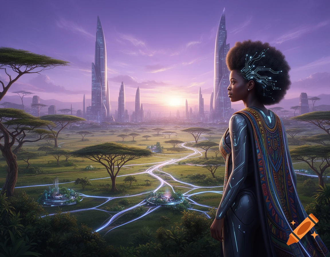 A Black woman with glowing circuit patterns on her afro stands looking at a futuristic city and a savanna landscape at sunset.