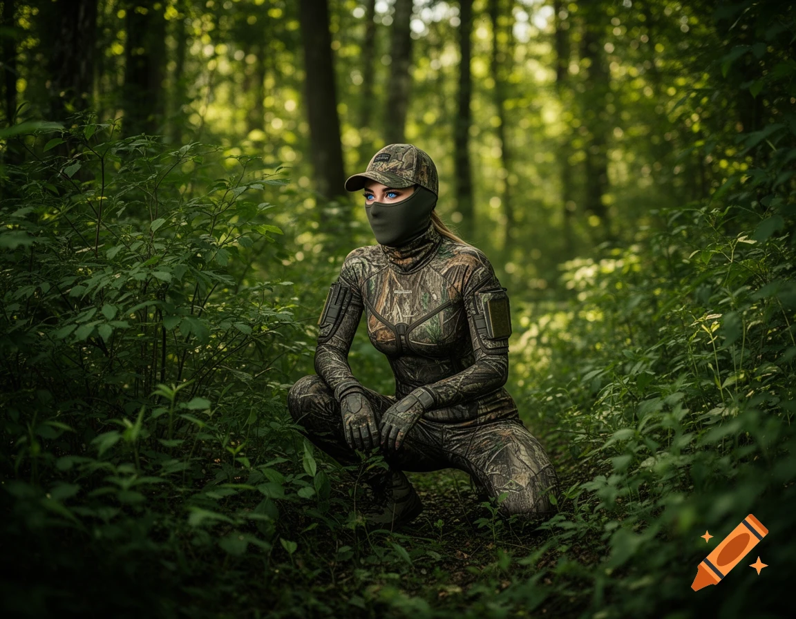 A female hunter in full camouflage and a balaclava kneels in a dense, lush forest.