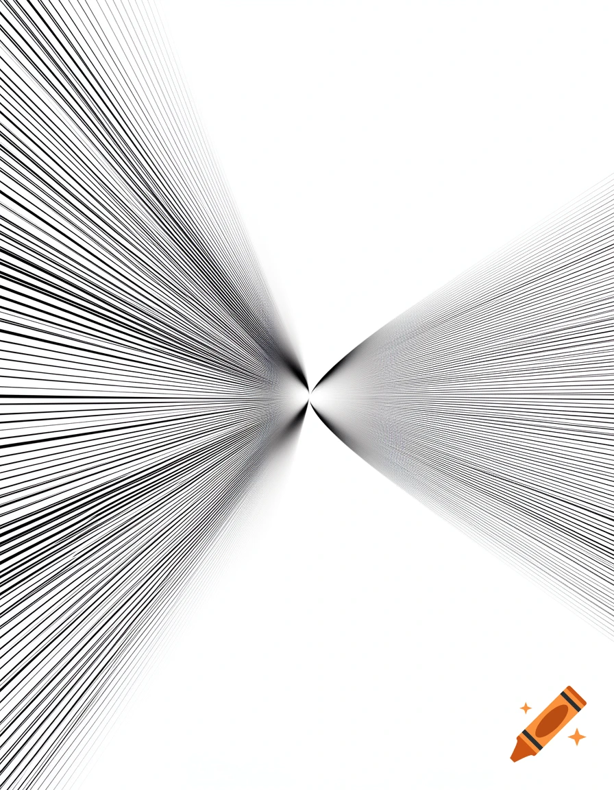 Thin black lines converge to a central point and then diverge, creating a sharp, abstract pattern on a white background.