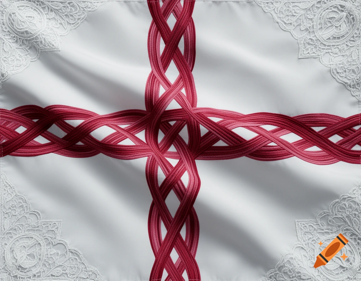 A stylized white flag features an intricate, interwoven red braided cross, with ornate white lace patterns in each corner.