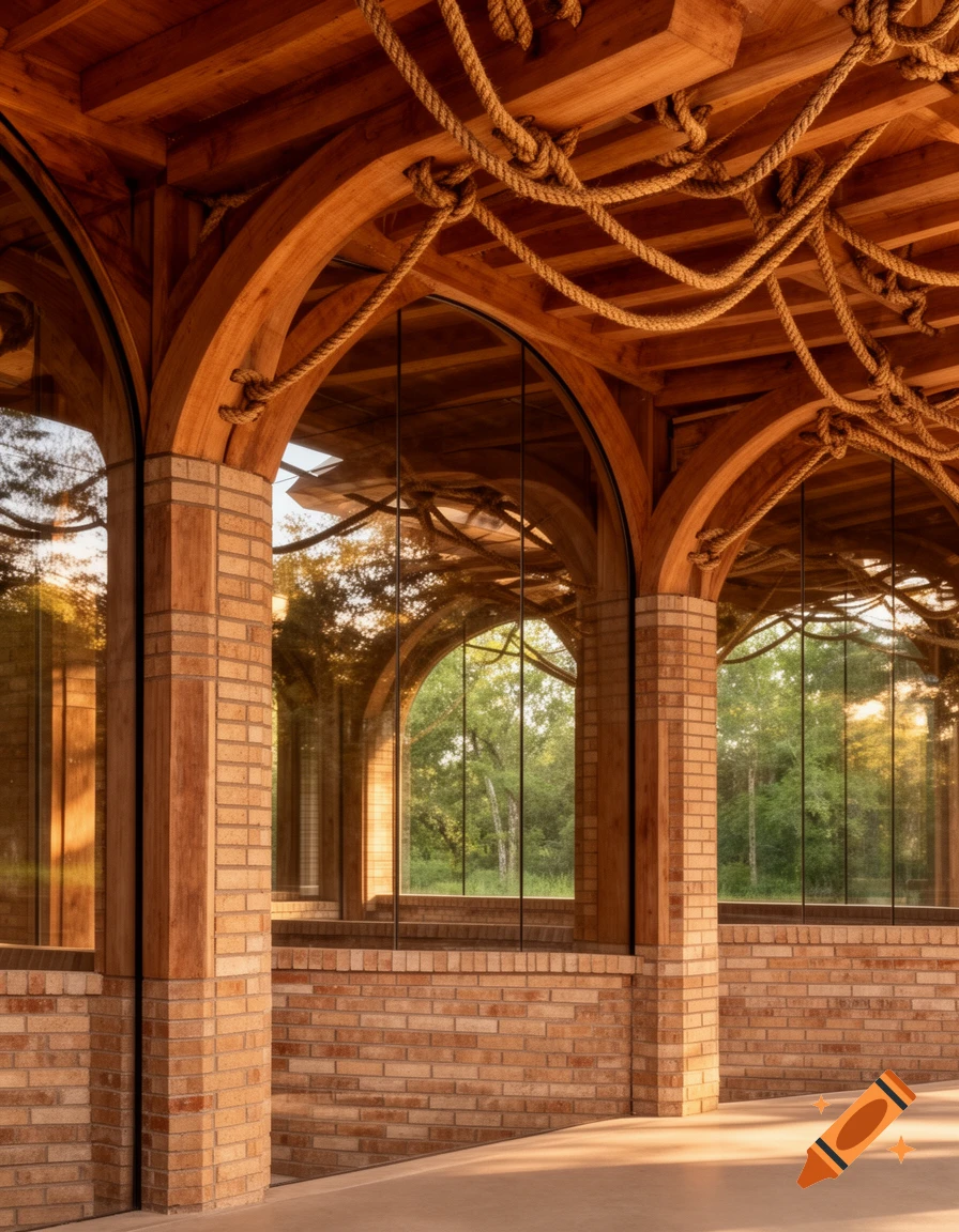 Architectural detail of wooden arches, brick columns, and glass windows with hanging ropes, reflecting green trees.