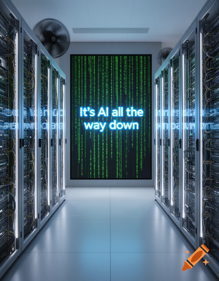 A data center corridor with server racks and a screen displaying 'It's AI all the way down' over green binary code.