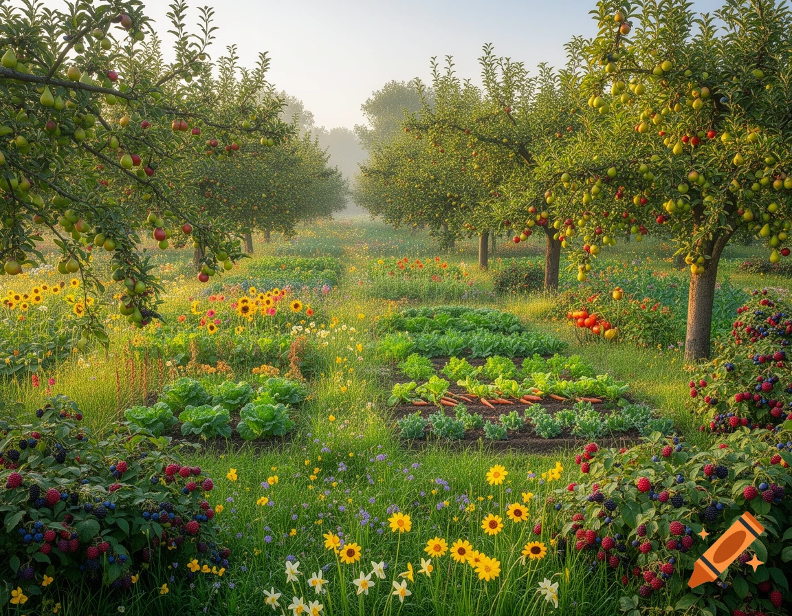 A beautiful, sunlit garden filled with apple and pear trees, colorful flowers, berry bushes, and neat rows of various vegetables.