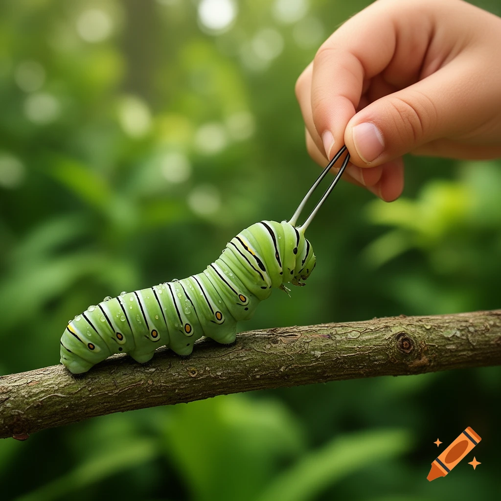 A human hand gently pulls the osmeteria of a green caterpillar covered in dew drops on a tree branch.
