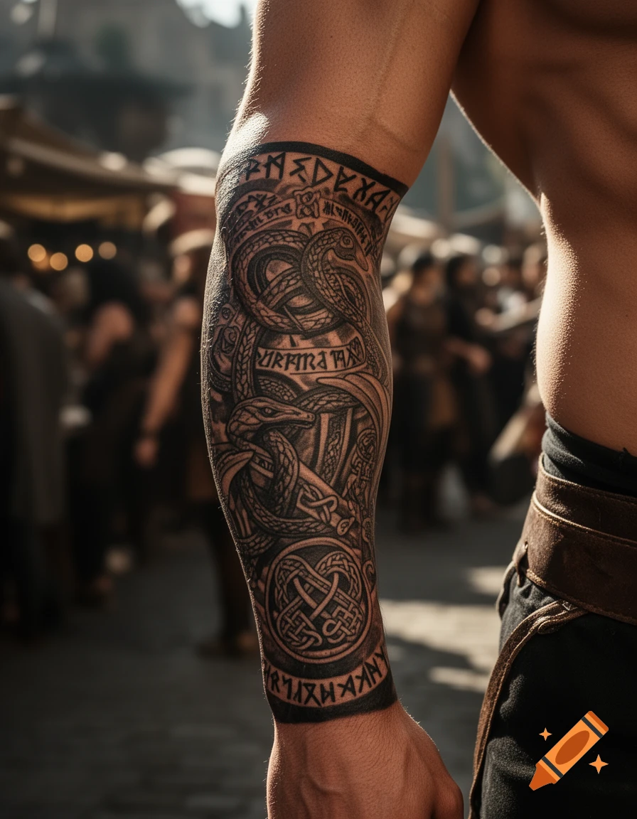 Close-up of a person's muscular arm displaying a detailed black and white Viking-style sleeve tattoo with intertwined serpents, knotwork, and rune-like symbols.