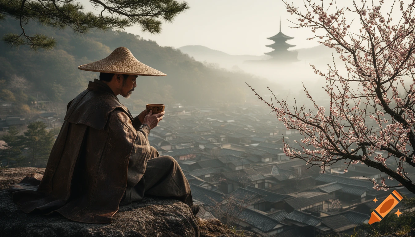 A man in a straw hat and cape sits on a rock, drinking from a cup, overlooking a misty old Japanese city with a pagoda and a blossoming tree. Photorealistic.