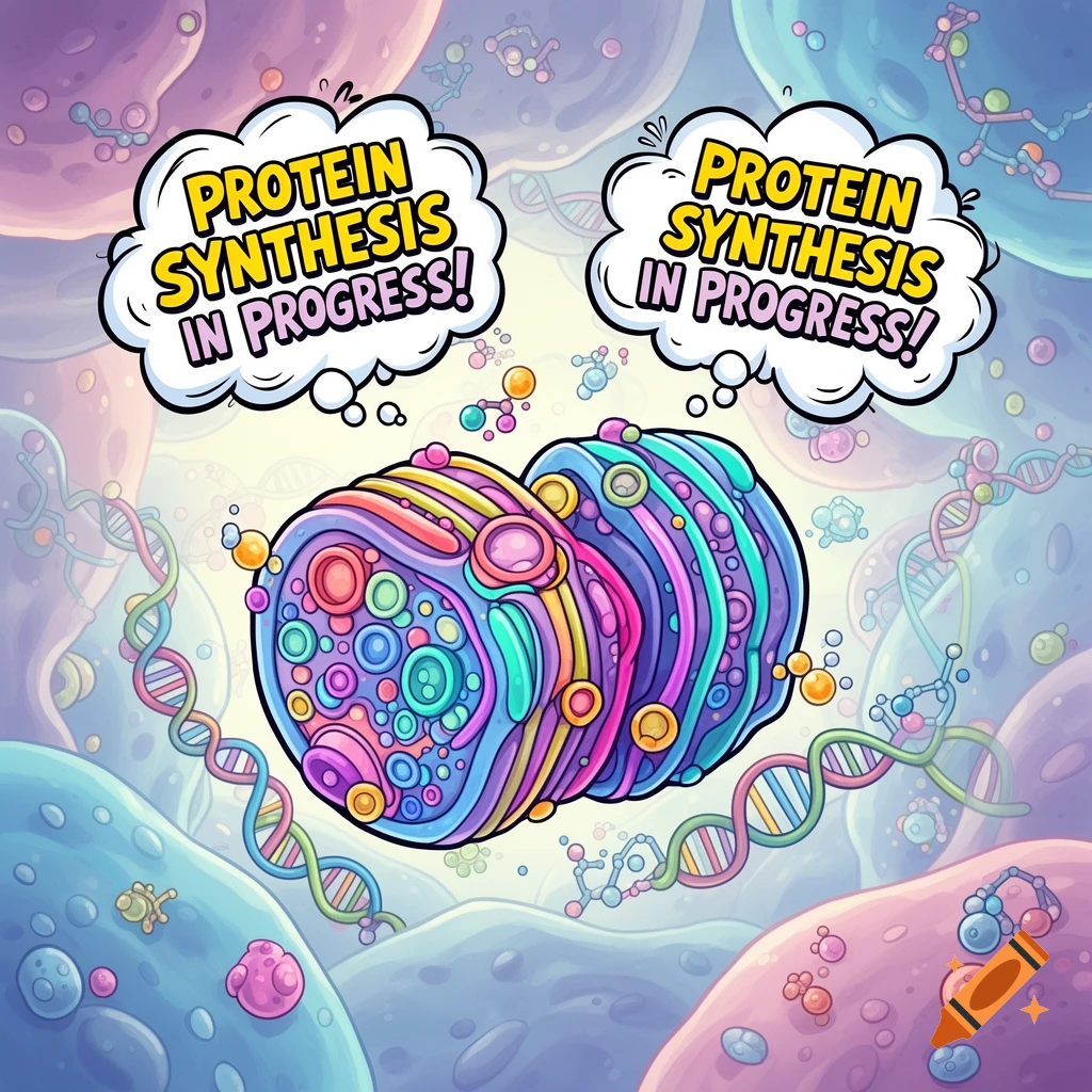 A vibrant cartoon image of a ribosome with two speech bubbles stating 'PROTEIN SYNTHESIS IN PROGRESS!' set against a cellular background.