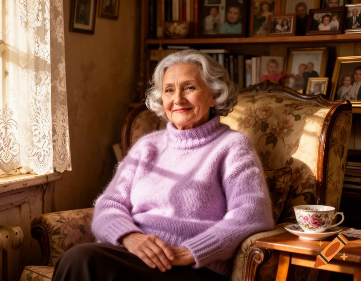 A smiling elderly woman with gray hair wears a lavender sweater while sitting in an armchair in a sunlit room filled with framed photos and books.