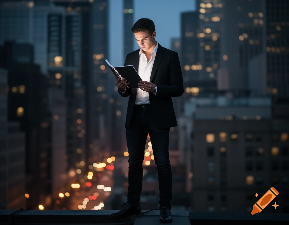 A man in a suit reads a glowing notebook on a city rooftop at night, with blurred city lights in the background.
