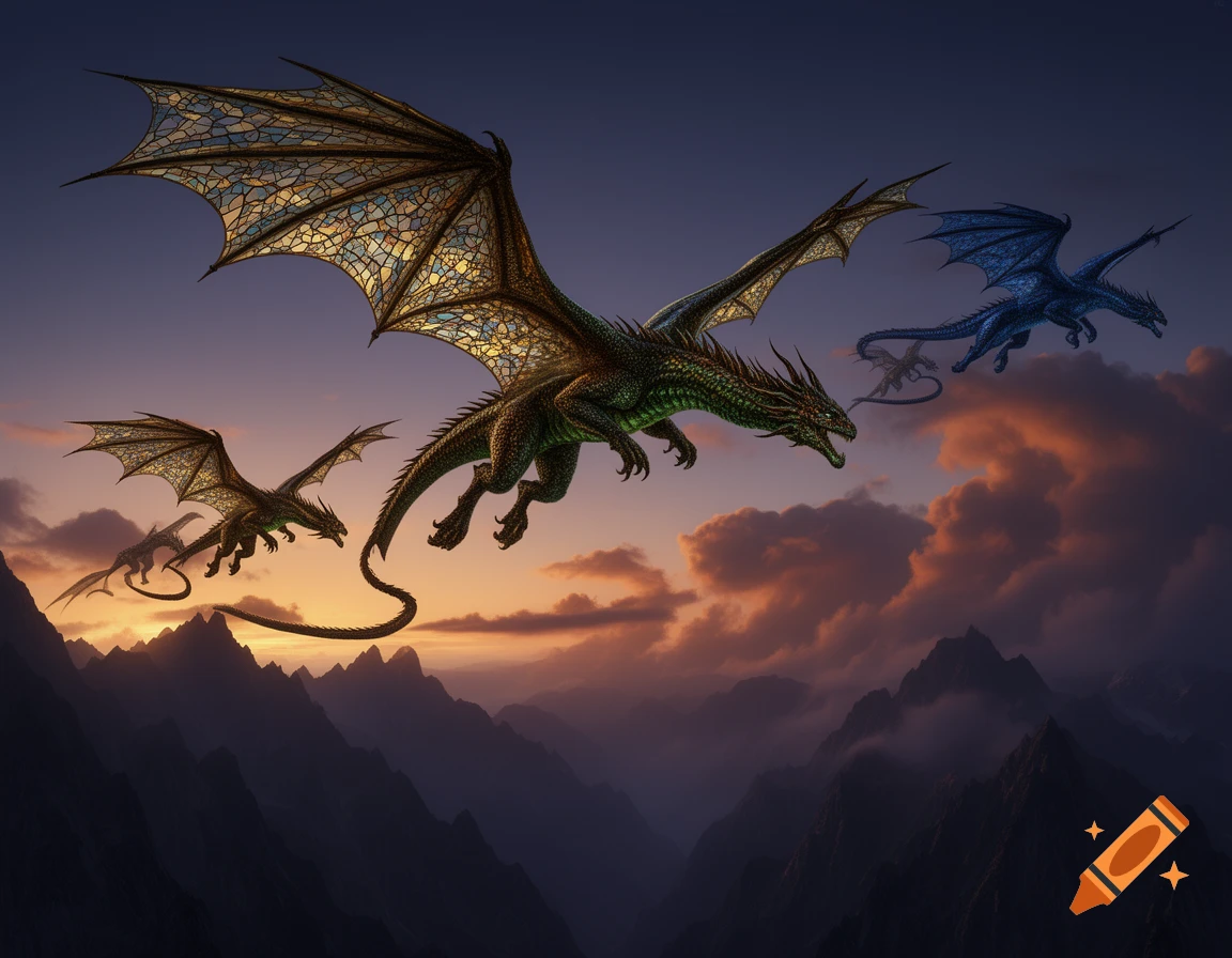 Several dragons with stained-glass-like wings fly through a dramatic sunset sky over dark, misty mountains.