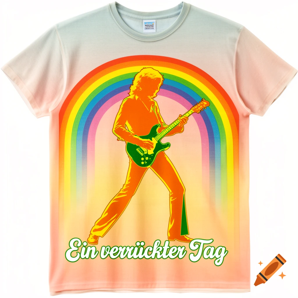 A 70s style graphic T-shirt featuring an orange silhouette of a man playing a green guitar in front of a rainbow, with German text "Ein verrückter Tag".