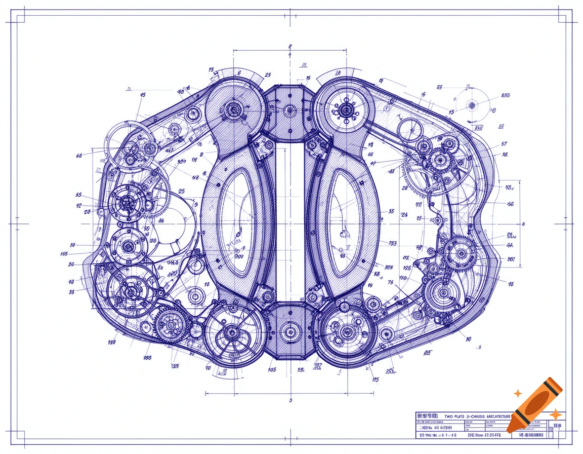 Detailed blue industrial blueprint of a complex folding travel clock mechanism with gears and numerical labels.