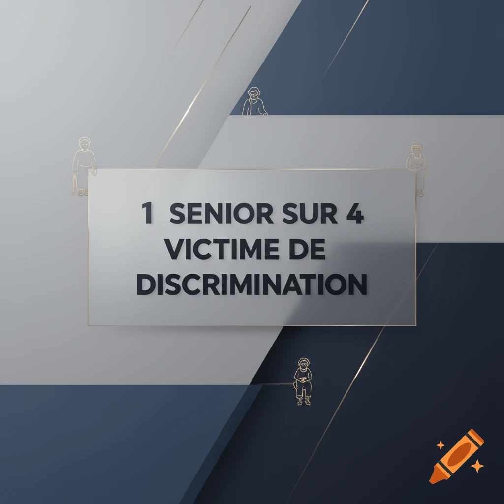 Infographic with text '1 SENIOR SUR 4 VICTIME DE DISCRIMINATION' on a gray and blue background, featuring line art seniors.