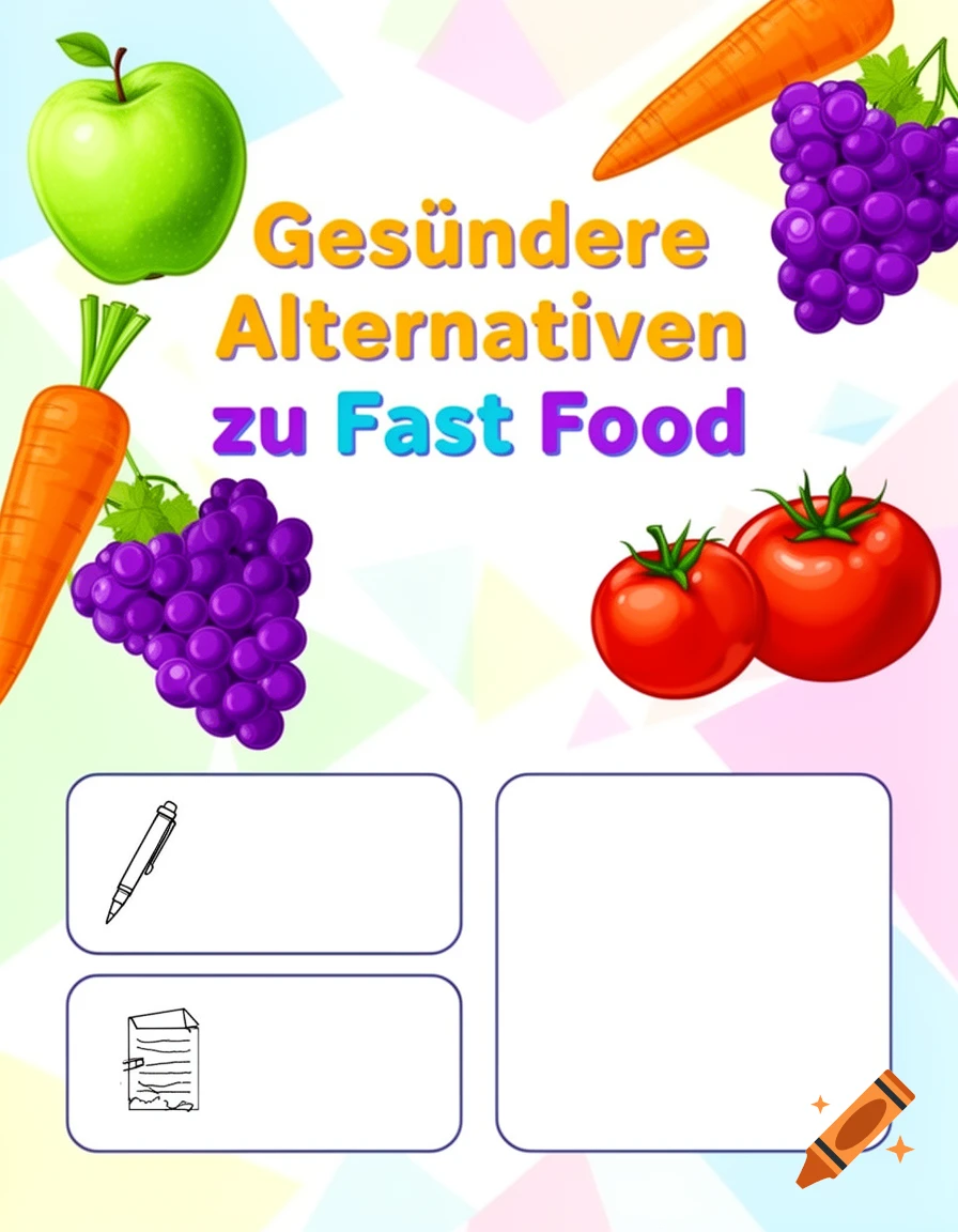 A colorful poster template with 'Healthier Alternatives to Fast Food' text, cartoon fruits and vegetables, and blank input boxes for students.
