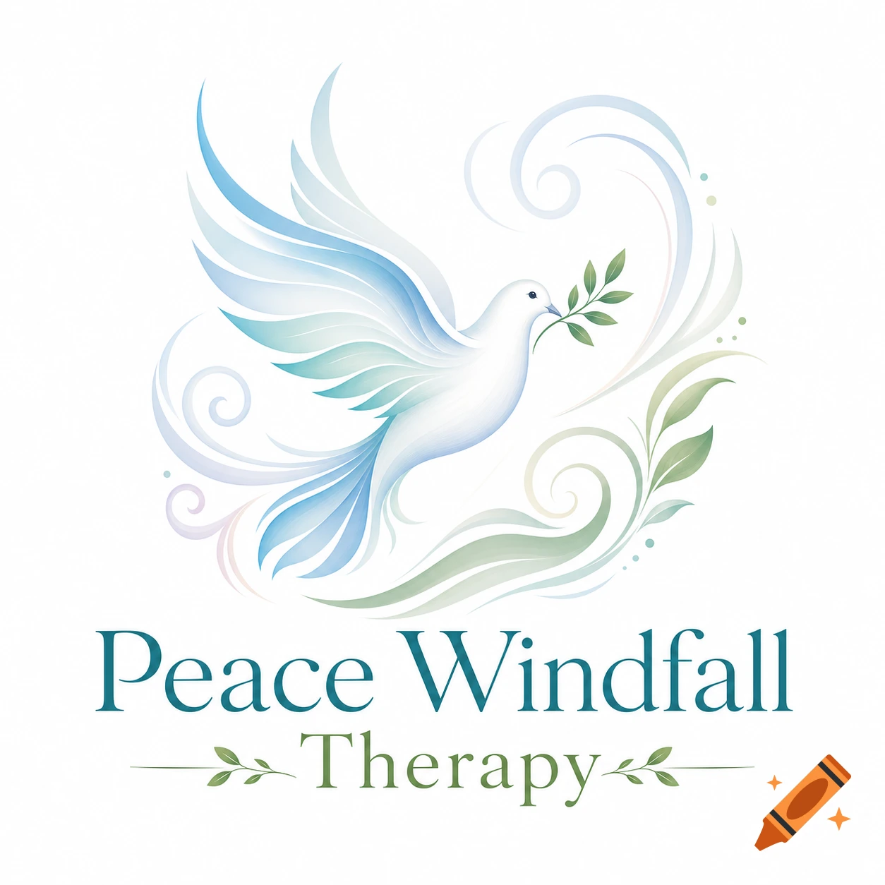 A logo featuring a white dove with gradient blue and green wings, carrying an olive branch. It is surrounded by swirling organic lines in similar colors. Below the dove, it reads "Peace Windfall Therapy" in elegant text.