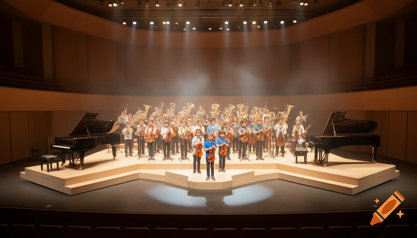 A large youth orchestra performs on a U-shaped stage in a concert hall, with grand pianos flanking the musicians.