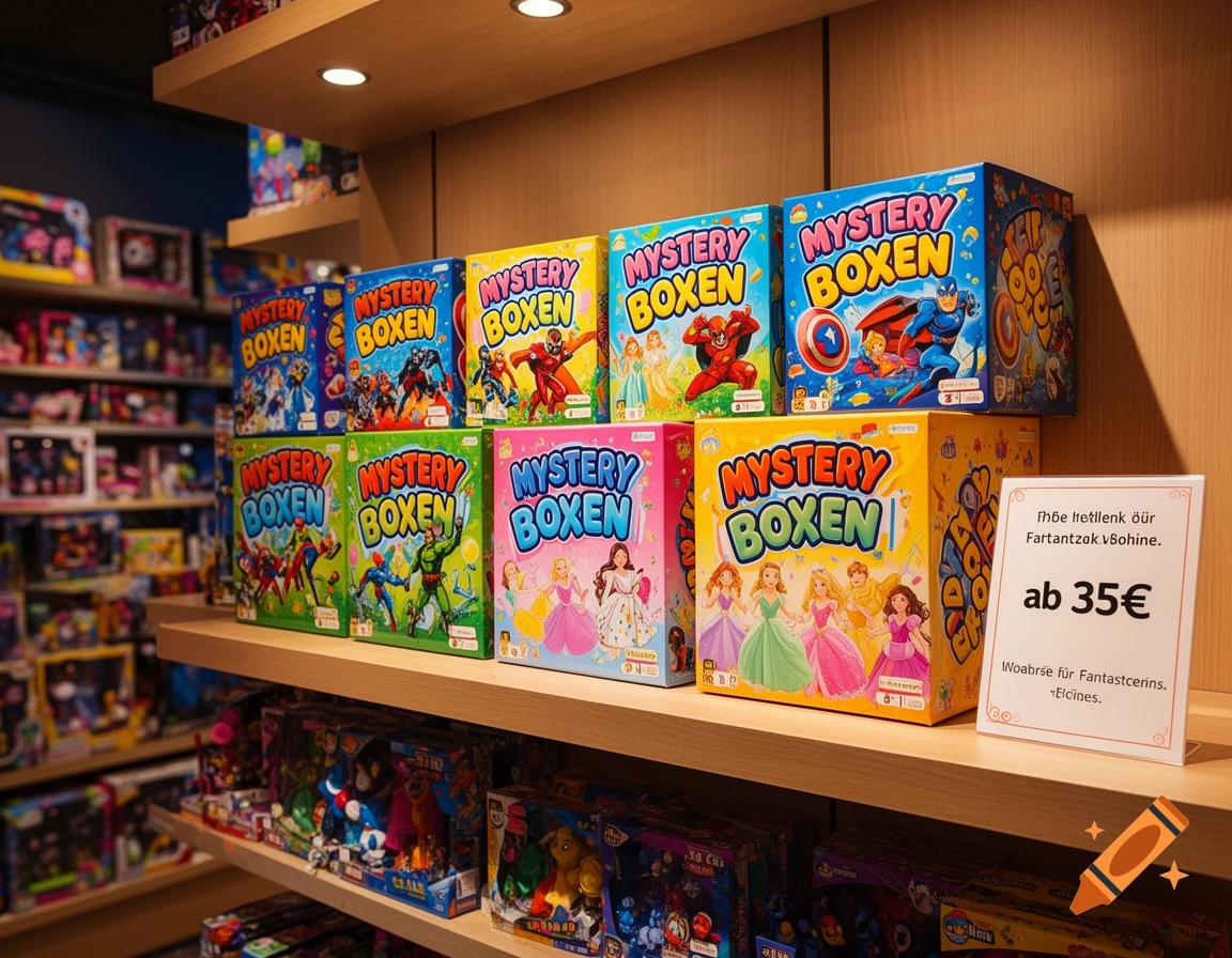 A well-stocked shelf in a toy store displaying colorful "Mystery Boxen" (mystery boxes) for boys and girls, with a sign indicating prices start from 35€.