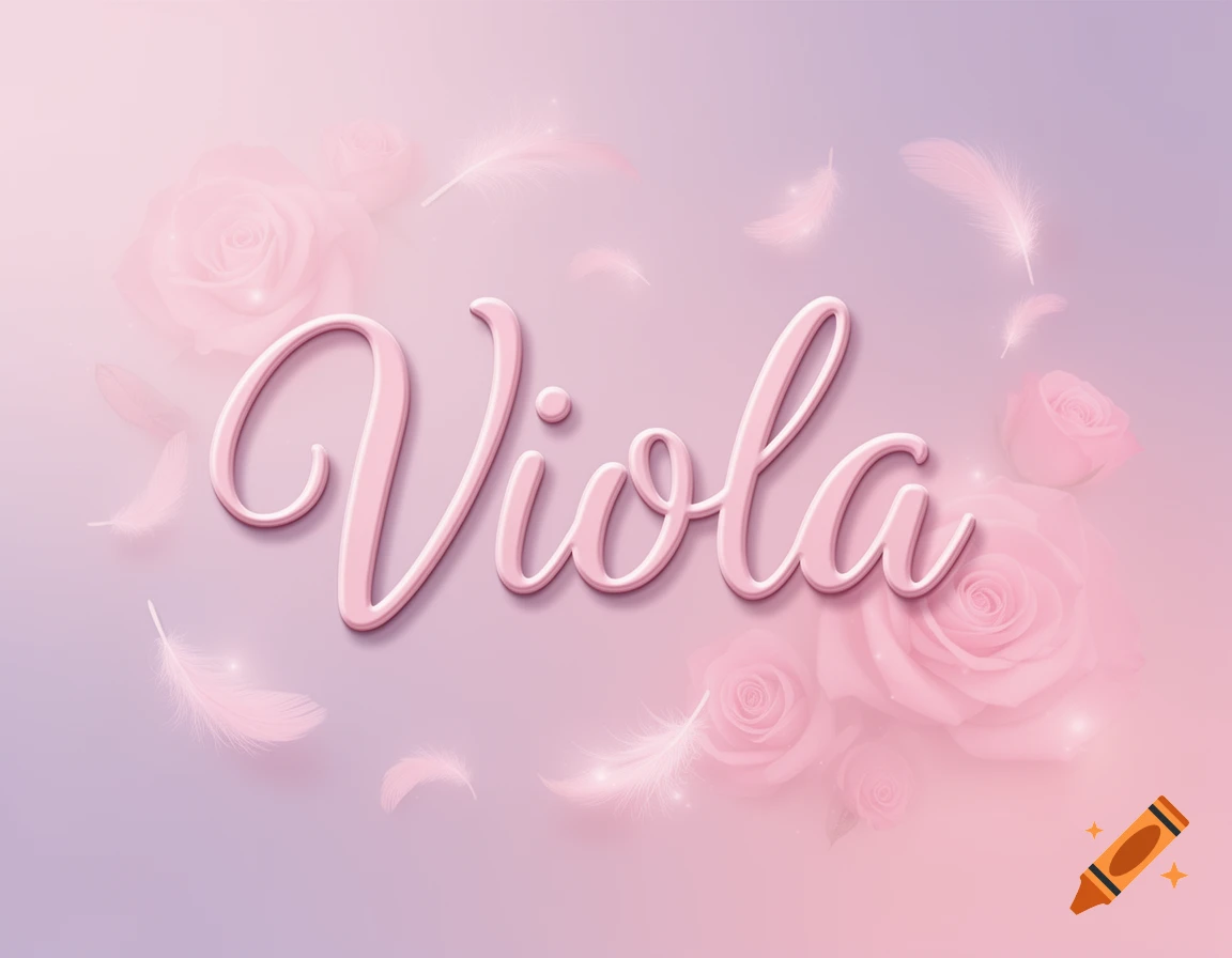 Pink script lettering spelling 'Viola' amidst soft pink roses and delicate feathers on a gradient background.
