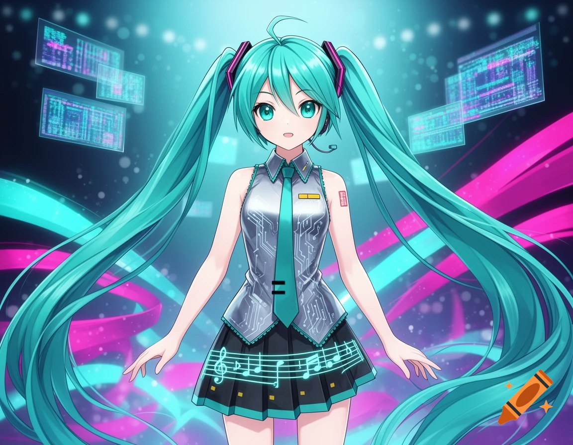 Hatsune Miku in a digital stage with vibrant pink and blue lights, wearing a circuit board pattern outfit and headphones.