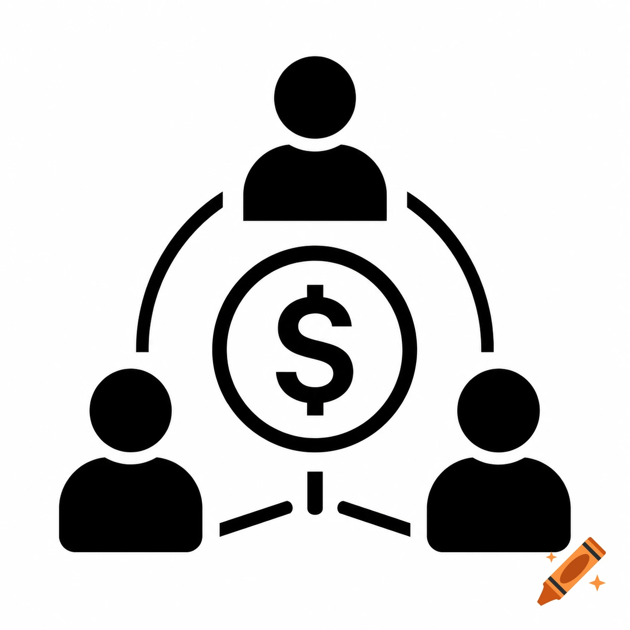 Black and white icon of three stylized people sharing a dollar sign in a circle, representing expense splitting.