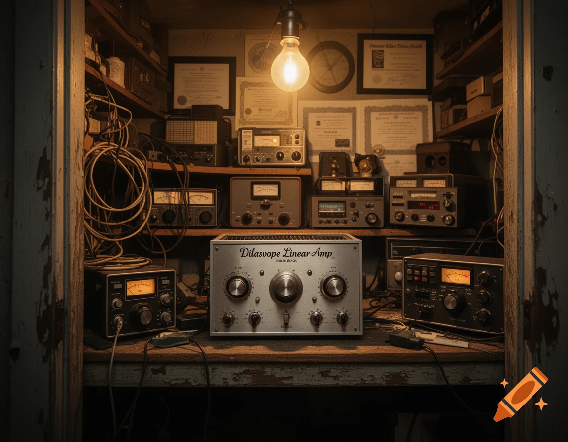 A cluttered vintage radio shack with various electronic equipment, featuring a prominent "Dilasvope Linear Amp" in the center, lit by a single bulb.