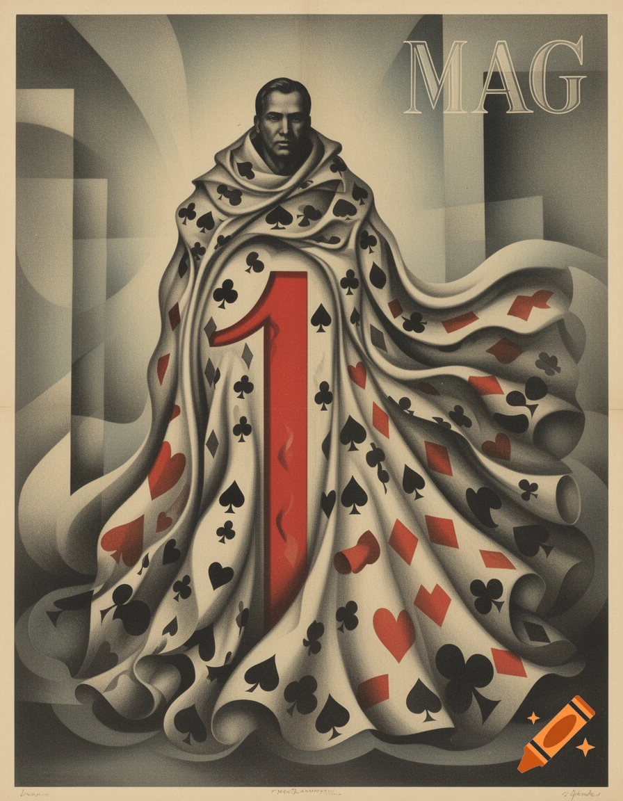 A stylized surreal poster of a man in a cloak adorned with playing card suits and a large red '1', with 'MAG' in the top right.