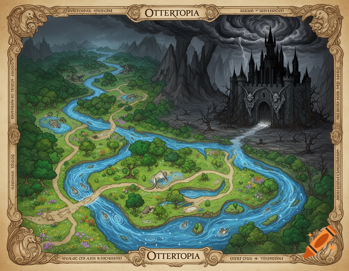 A colorful fantasy map titled "OTTERTOPIA" featuring a vibrant river winding through green lands with otters, leading to a dark, stormy area with an evil black castle under lightning. The map has an ornate border.