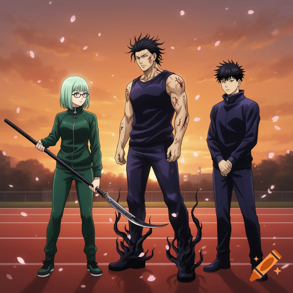 Anime characters Maki, Toji, and Megumi stand on a red running track at sunset with falling pink petals. Toji has shadowy tendrils around his feet.