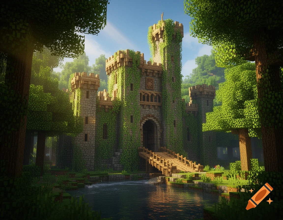 A detailed Minecraft castle covered in vines, with a wooden bridge over a river, surrounded by a lush forest.