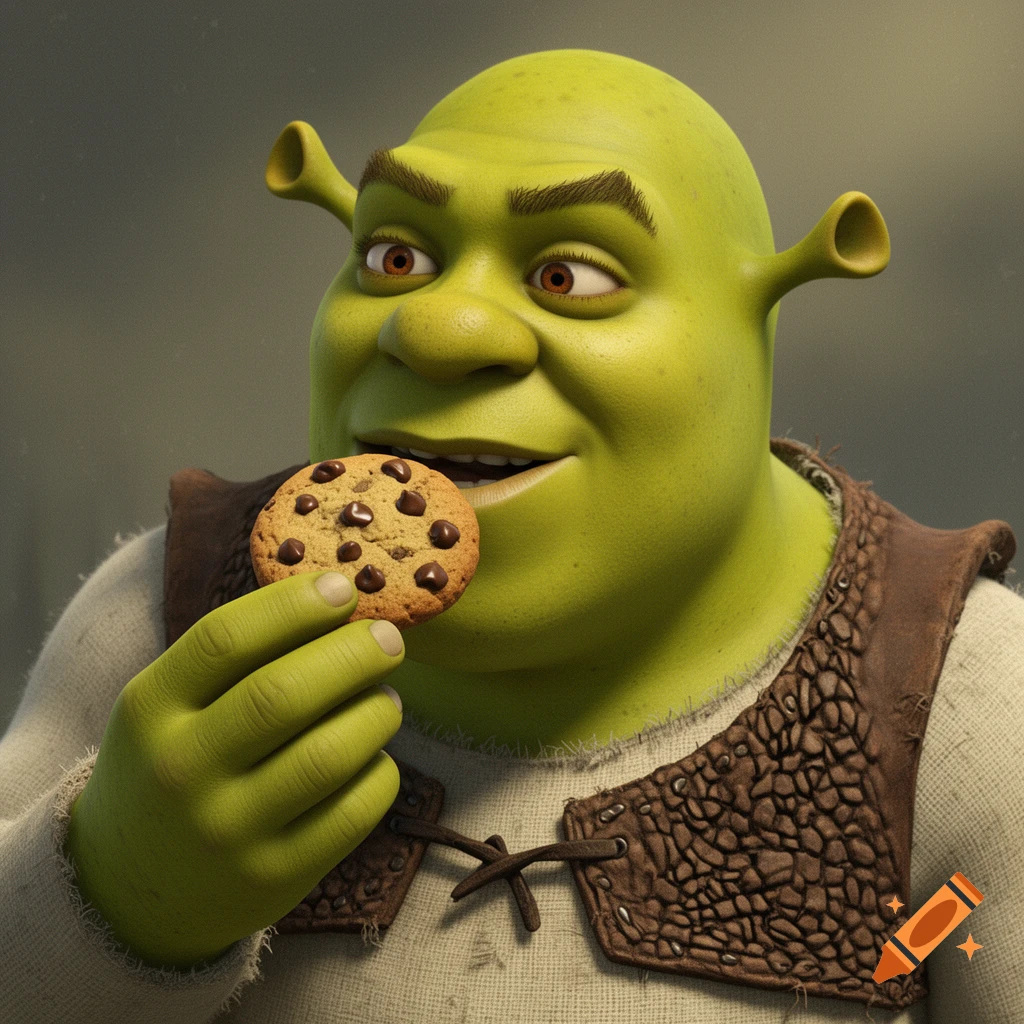 Close-up of a photorealistic Shrek happily eating a chocolate chip cookie.