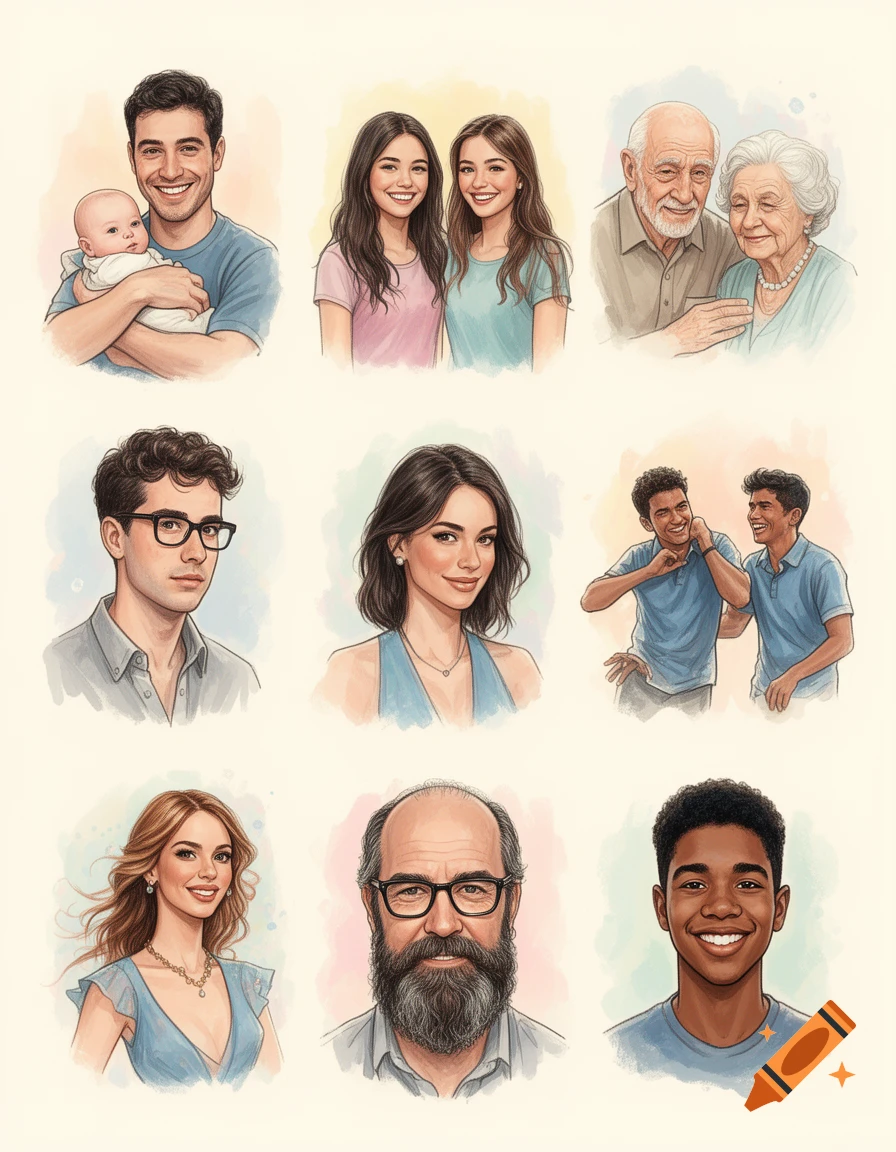 Nine watercolor-style illustrations of diverse individuals and groups, including families, couples, and single portraits of various ages.