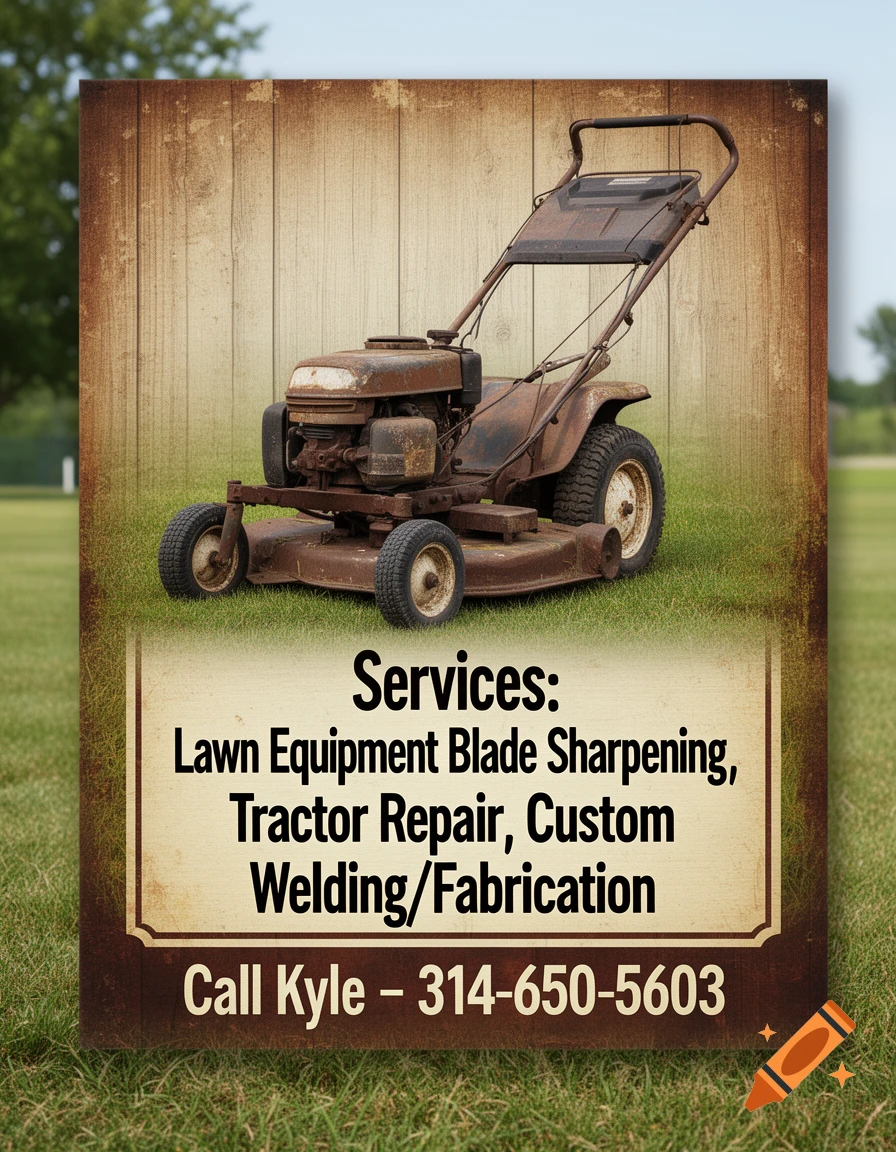 A rustic outdoor sign advertising services with an old, rusty push lawn mower on a wooden background, sitting in green grass.