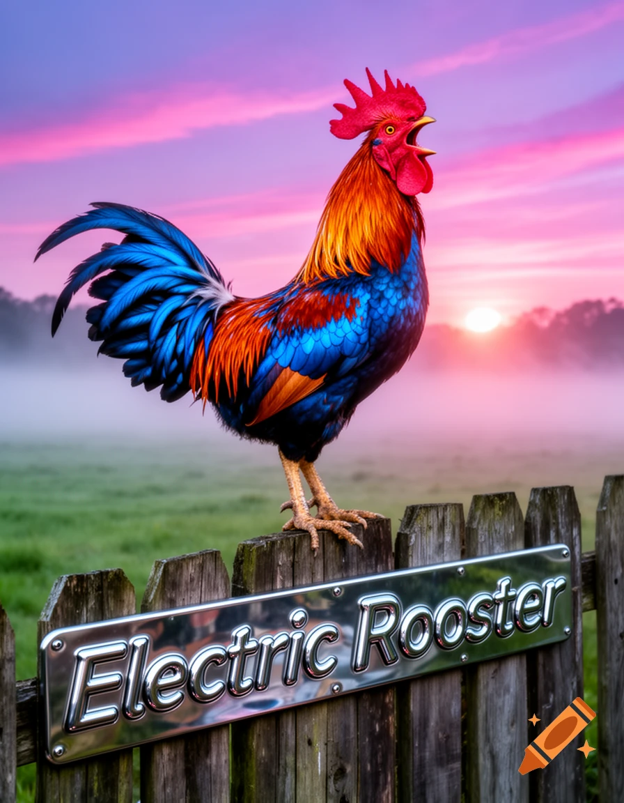 A vibrant, colorful rooster crows from atop a wooden fence with a 'Electric Rooster' sign, against a pink and purple sunrise over a misty field.