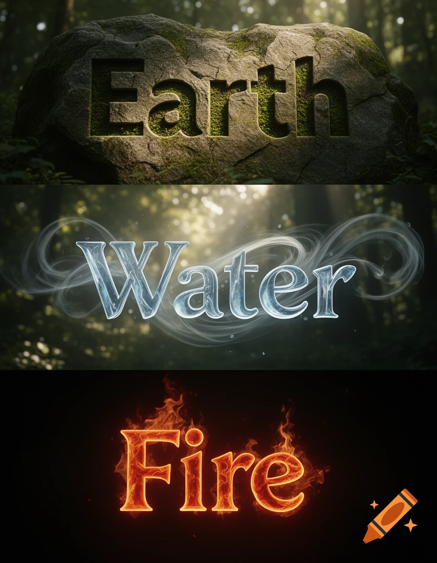 Three panels displaying text: 'Earth' carved in mossy rock, 'Water' as icy letters, and 'Fire' as fiery letters.
